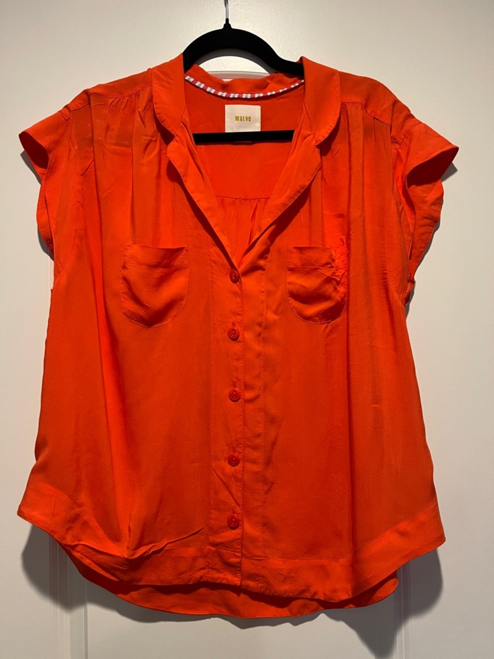 Maeve | (M) Short-Sleeve Button Front Blouse in Vibrant Orange - Picture 2 of 7